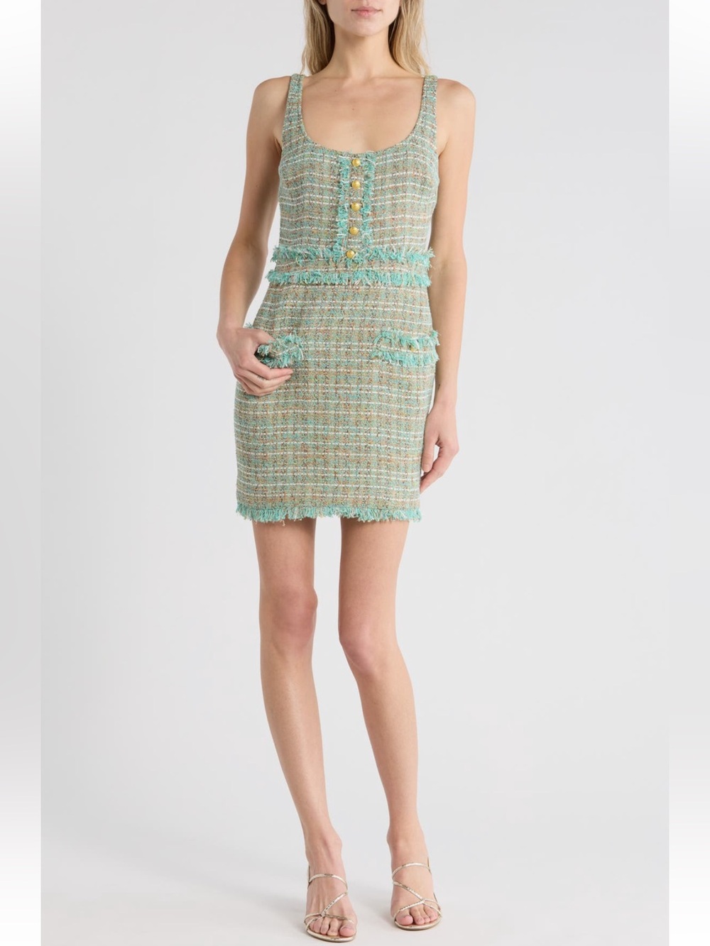 L’AGENCE Valli Lagoon Tweed Square Neck Fringe Mini Dress Size 8